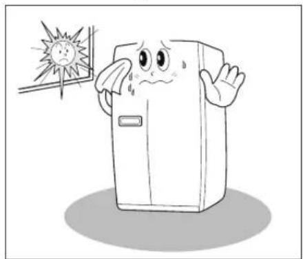 Cartoon illustration of a distressed refrigerator with a sad face and a surprised sun (no text or symbols)