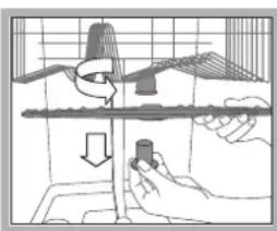 Illustration of a hand holding a tool near a vertical structure with a downward arrow, no text or symbols present.