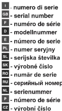 I - numéro de série GB - numéro de série F - numéro de série D - numéro de modèle E - numéro de série PL - numéro de série SL - numéro de série SK - numéro de fabrication RO - numéro de série RU - numéro de série NL - numéro de série P - numéro de série CZ - numéro de fabrication