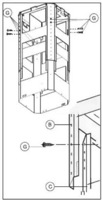 Technical diagram of a multi-level storage or lifting device with labeled components G and B, showing internal structure and assembly details.