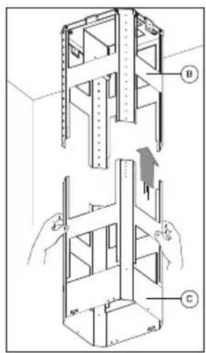 Technical diagram showing mechanical assembly with labeled components A, B, and C, including a directional arrow indicating motion or force.
