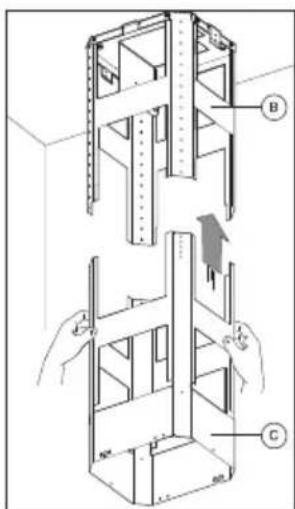 Technical diagram showing two mechanical assembly steps with labeled components A, B, and C