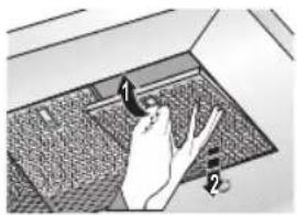 Diagram showing a hand pressing down on a textured surface with numbered callouts indicating steps 1 and 2.
