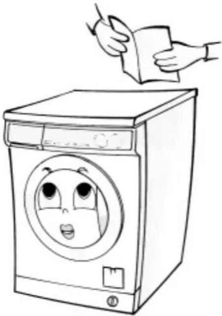 Cartoon illustration of a washing machine with a sad face on its side, being clothed by hands (no text or symbols)