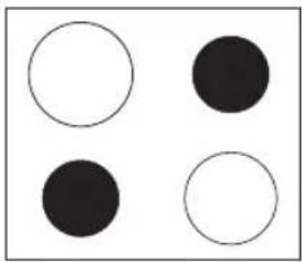 Four circles arranged in a 2x2 grid: two white and two black, with no text or symbols.