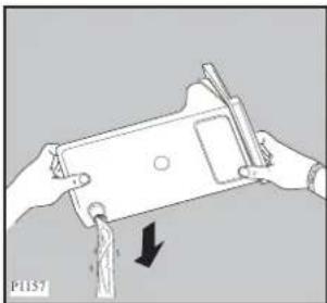Diagram of hands holding a device with a black arrow indicating force or movement (no text or symbols).