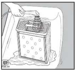 Illustration of a hand using a tool to clean or store items in a storage bowl (no text or symbols visible)