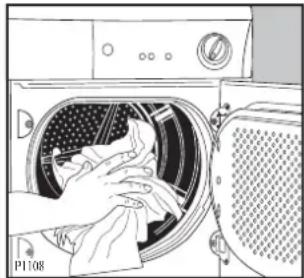 Illustration of hands cleaning a washing machine with a door and fan (no text or symbols)