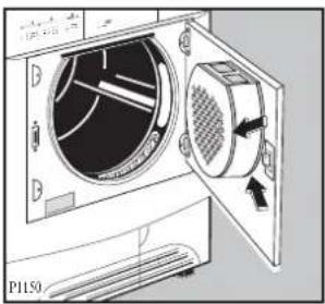 Diagram of a washing machine with open door and side panel, showing internal components (no text or symbols).