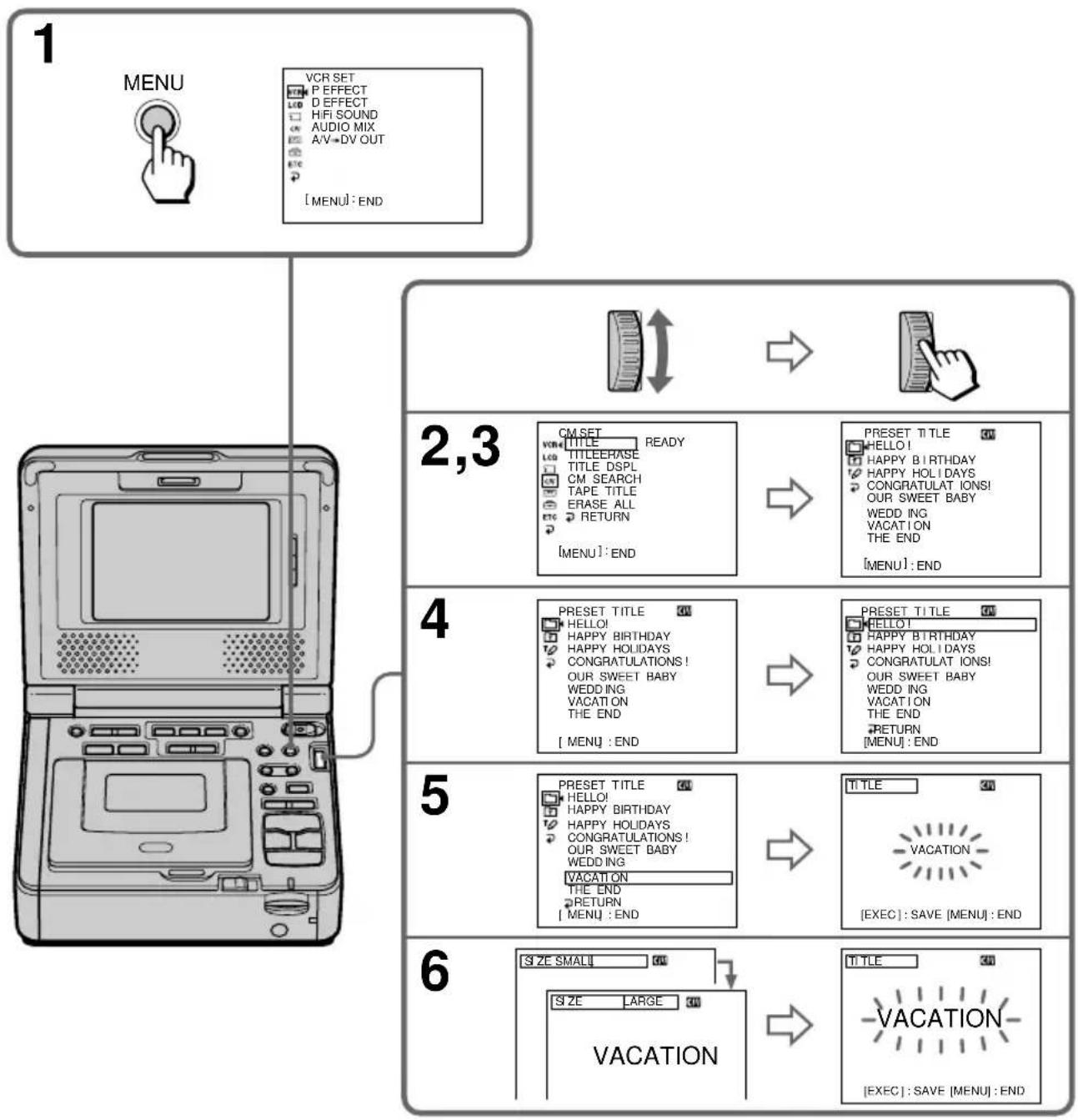graph TD A["1 MENU"] --> B["2,3 CM SET"] B --> C["4 PRESET TITLE"] C --> D["5 PRESET TITLE"] D --> E["6 VACATION"]