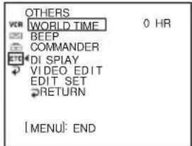 OTHERS WORLD TIME 0 HR BEEP COMMANDER DISPLAY VIDEO EDIT EDIT SET RETURN [MENU]: END