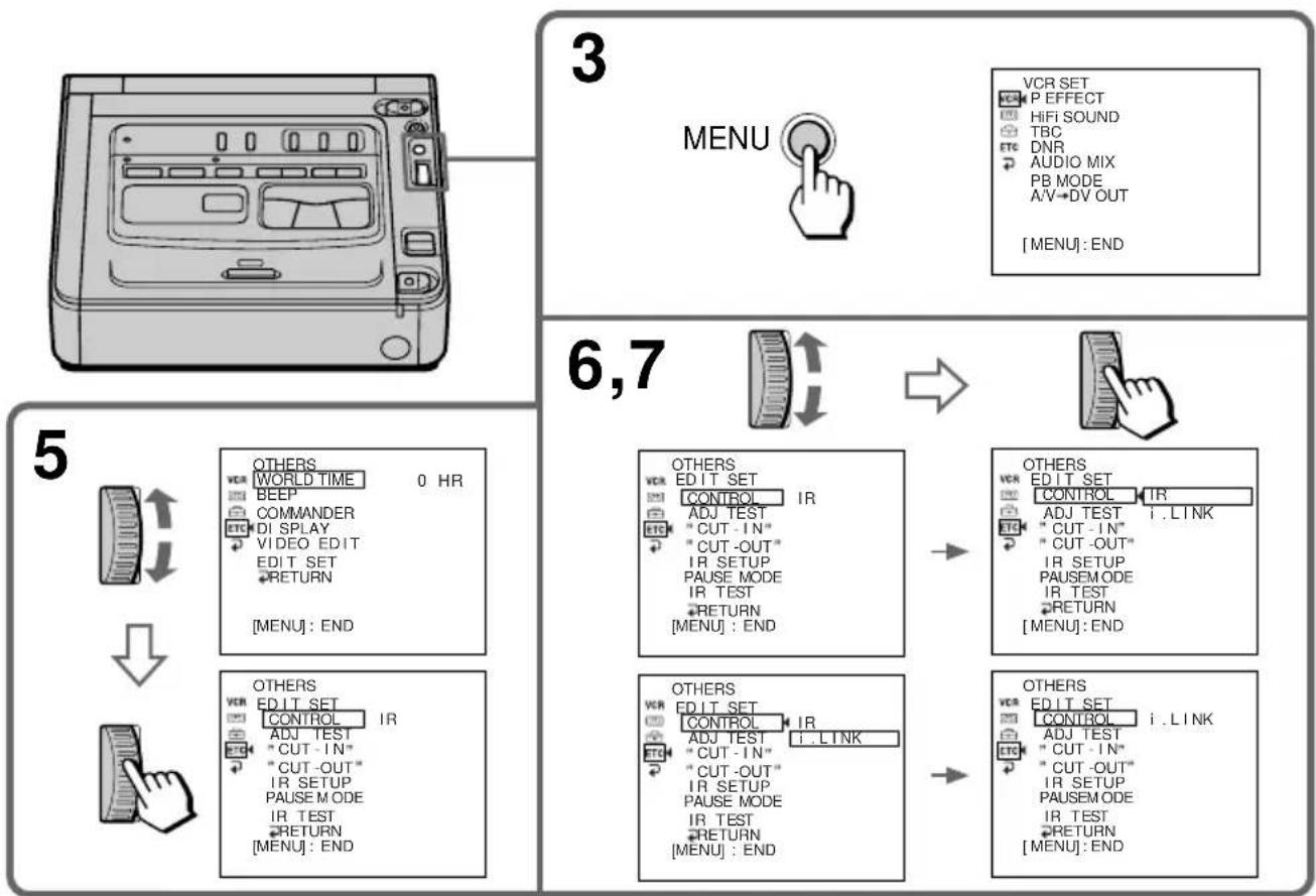 graph TD A["3 MENU"] --> B["6,7"] B --> C["5 OTHERS WORLD TIME 0 HR BEEP COMMANDER DI SPLAY VIDEO EDIT EDIT SET RETURN [MENU"]: END] B --> D["6,7 OTHERS EDIT SET CONTROL IR ADJ TEST "CUT-IN" "CUT-OUT" IR SETUP PAUSE MODE IR TEST RETURN [MENU"]: END] B --> E["6,7 OTHERS EDIT SET C…
