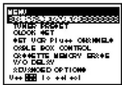 MENU TUNES PRESET LOCK +ST +ST UCR PI++ OR:MMEL* OSILE BOX CONTROL OR:SETTE MEMORY BOX+ I/O DELAY 2D/SHED OPTION# U++ 10 +sl +l
