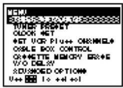 MENU TUNER SECRET CLOCK +ST +SET UCR PI++ ON:MMLE* OSILE BOX CONTROL O++GTTTE MEMORY BRAE& V/O DELAY SUDI/SCED OPTION# V++ 1 to +d +l