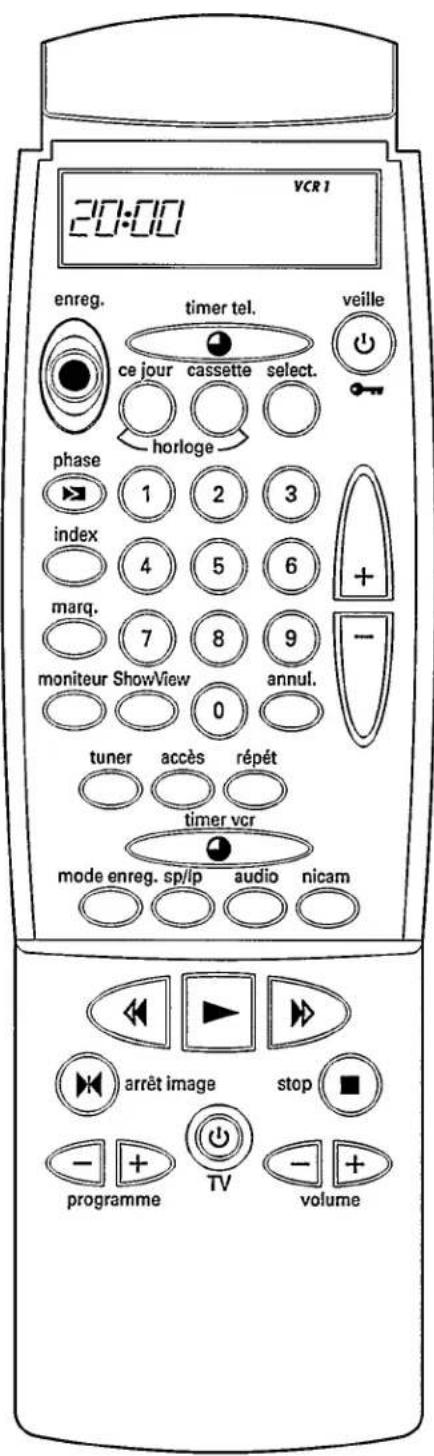 VCR 1 20:00 enreg. timer tel. veille ce jour cassette select. horloge phase 1 2 3 index 4 5 6 marq. 7 8 9 moniteur ShowView annul. 0 tuner accès répét timer vcr mode enreg. sp/ip audio nicam arrêt image stop programme TV volume