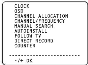 CLOCK OSD CHANNEL ALLOCATION CHANNEL/FREQUENCY MANUAL SEARCH AUTOINSTALL FOLLOW TV DIRECT RECORD COUNTER -/+ OK