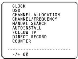 CLOCK OSD CHANNEL ALLOCATION CHANNEL/FREQUENCY MANUAL SEARCH AUTOINSTALL FOLLOW TV DIRECT RECORD COUNTER -/+ OK
