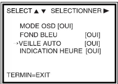 SELECT ▲ ▼ SELECTIONNER ▶ MODE OSD [OUI] FOND BLEU [OUI] →VEILLE AUTO [OUI] INDICATION HEURE [OUI] TERMIN=EXIT