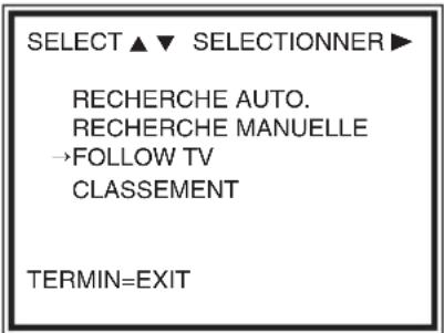 SELECT ▲▼ SELECTIONNER ► RECHERCHE AUTO. RECHERCHE MANUELLE →FOLLOW TV CLASSEMENT TERMIN=EXIT