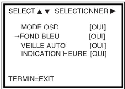 SELECT ▲ ▼ SELECTIONNER ▶ MODE OSD [OUI] →FOND BLEU [OUI] VEILLE AUTO [OUI] INDICATION HEURE [OUI] TERMIN=EXIT