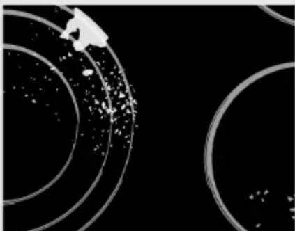 Abstract black-and-white graphic with concentric circles and scattered particles (no text or symbols)