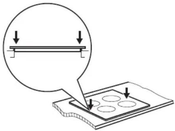 Diagram illustrating a structural load application on a layered material, with arrows indicating downward force and a magnified view highlighting the load direction.