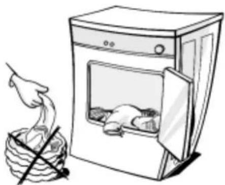 Illustration of a hand removing a rope into a washing machine (no text or symbols present)