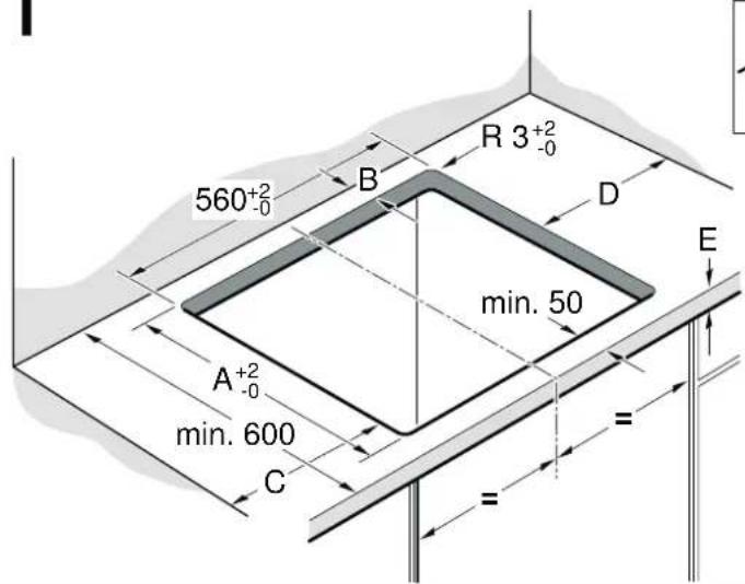 560⁺²₋₀ B R 3⁺²₋₀ D min. 50 A⁺²₋₀ min. 600 C E = =
