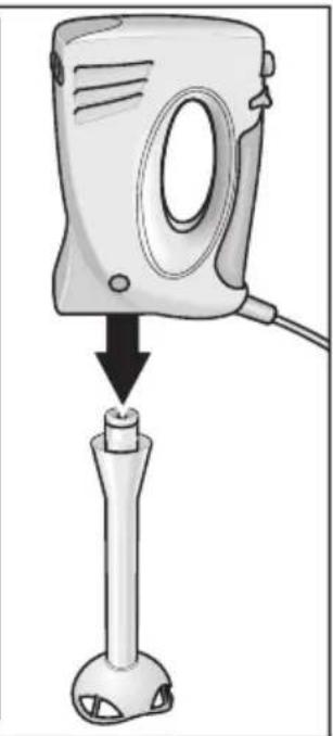 Illustration of a handheld device with a vertical post and cable, showing a downward arrow pointing to its base (no text or symbols present)