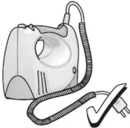 Illustration of a small electric vacuum cleaner with attached power plug (no text or symbols)