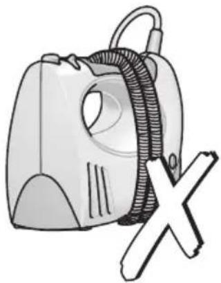 Illustration of a vacuum cleaner with a coiled hose and a cross symbol (no text or labels)