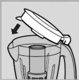Line drawing of a blender with an open lid and arrow indicating compression (no text or symbols)
