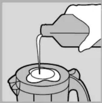 Illustration of a hand pouring liquid from a bottle into a container (no text or symbols)
