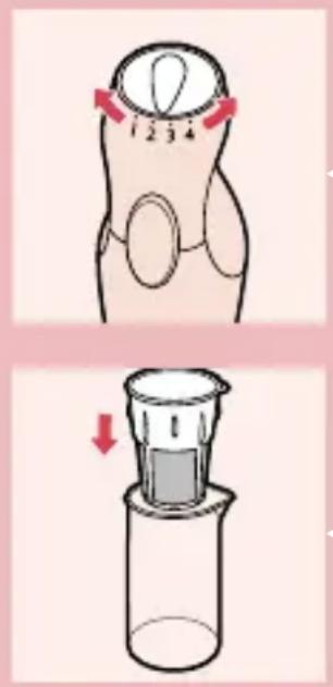 Diagram illustrating a hand holding a circular object with numbered parts and a magnified view of the object's internal structure.