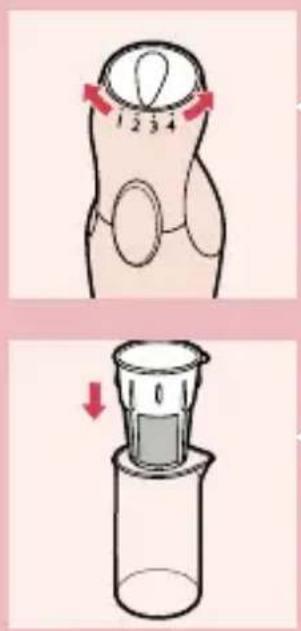 Diagram illustrating a step-by-step procedure for handling a bottle, with numbered steps and directional arrows indicating movement.