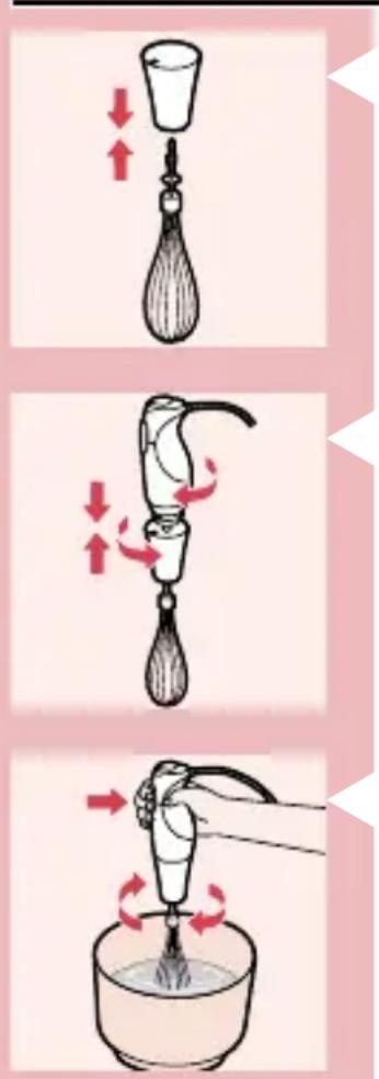 Illustration showing three-step hairpin tool manipulation: shaker, brush, and water tap with red arrows indicating rotation.