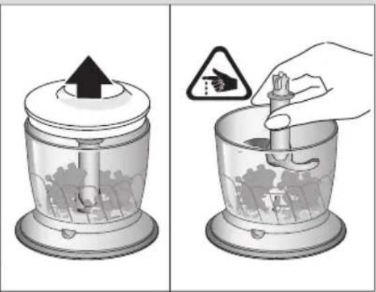 Diagram showing two steps of a hand pouring liquid into a blender, with warning symbol indicating hazard.