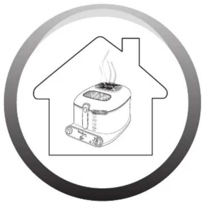 Dessin au trait d'une cuisinière à l'intérieur d'un contour de maison, avec de la vapeur s'élevant de la cheminée (aucun texte ni symbole).