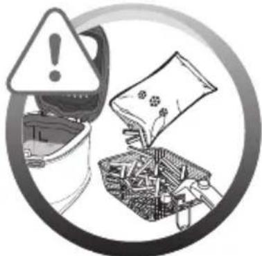 Illustration d'une main plaçant un sac dans un panier avec un symbole de point d'exclamation (aucun texte ni étiquette).