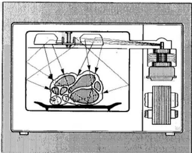 Schéma en coupe d'un dispositif mécanique avec des composants internes et des flèches de flux (sans texte ni étiquettes)
