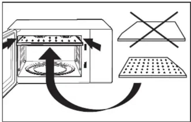 Diagram illustrating a microwave oven with airflow and a grid-patterned tray, showing directional arrows and a crossed-out cross symbol.