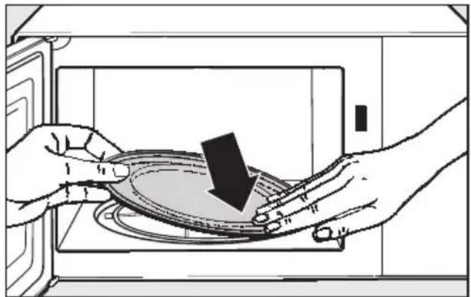 Illustration of hands holding a microwave oven with a black arrow indicating the process (no text or symbols present).