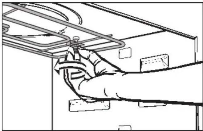 Line drawing of a hand adjusting a ceiling-mounted device (no text or symbols)