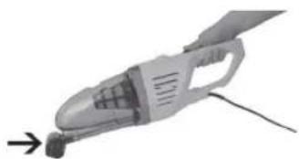 Close-up of a white handheld vacuum cleaner with a paper feed and cable, emitting exhaust smoke (no text or symbols visible)