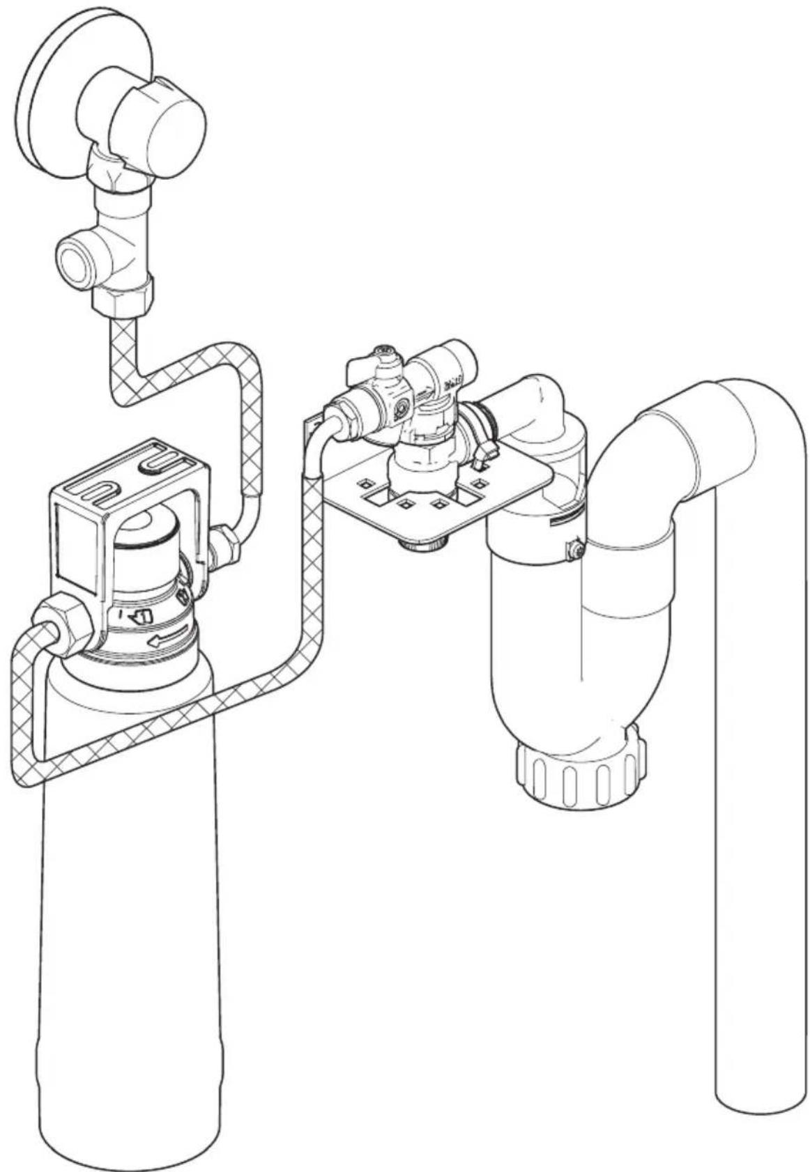 Technical line drawing of a mechanical assembly with pipes and valves.