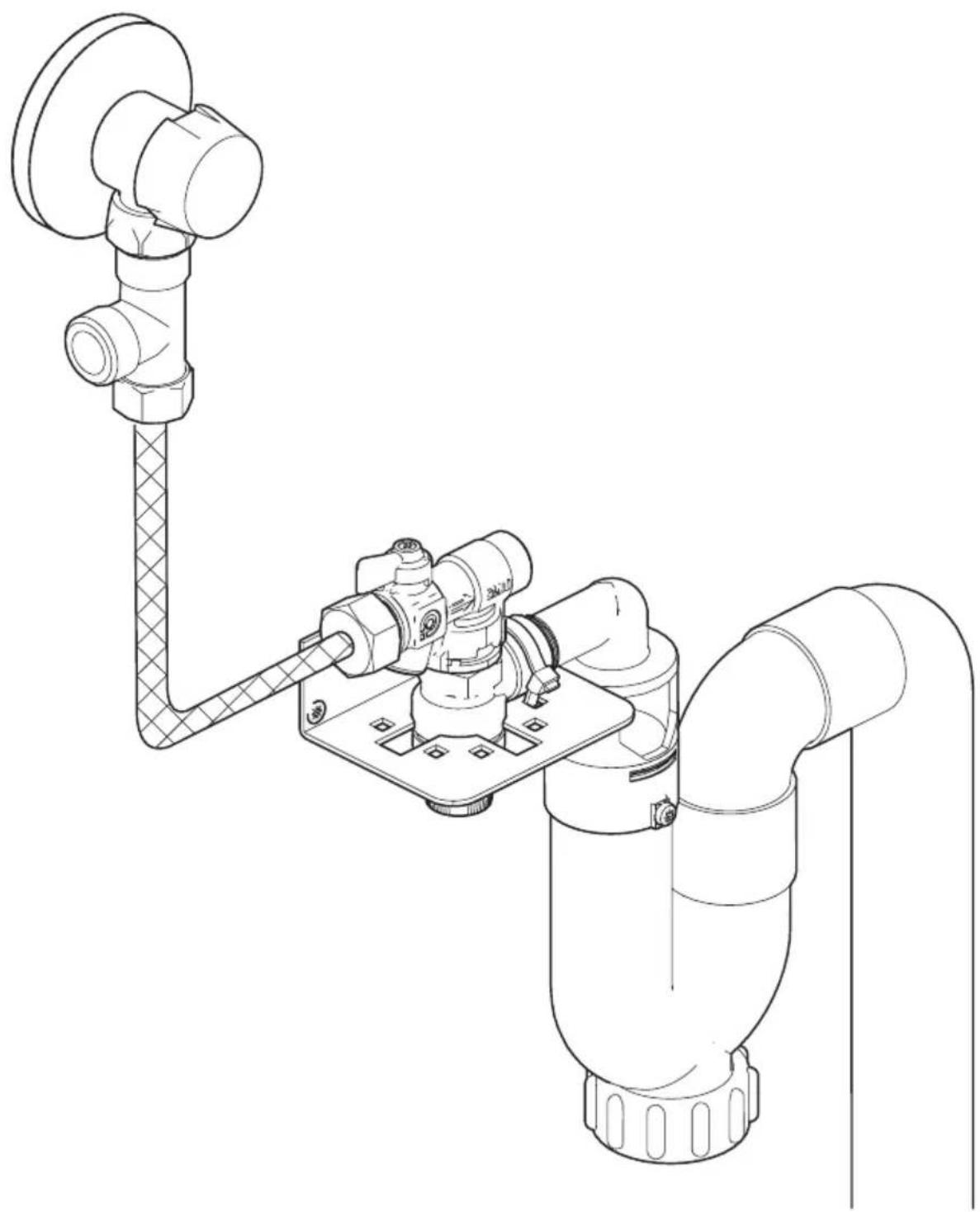 Technical line drawing of a mechanical assembly with pipes and a valve.