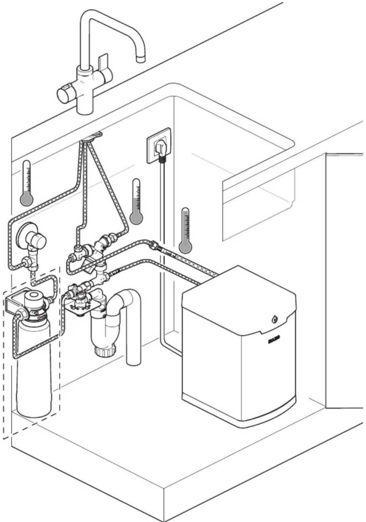 Technical line drawing of a gasifier or condenser system with pipes, valves, and control panel (no text or labels)