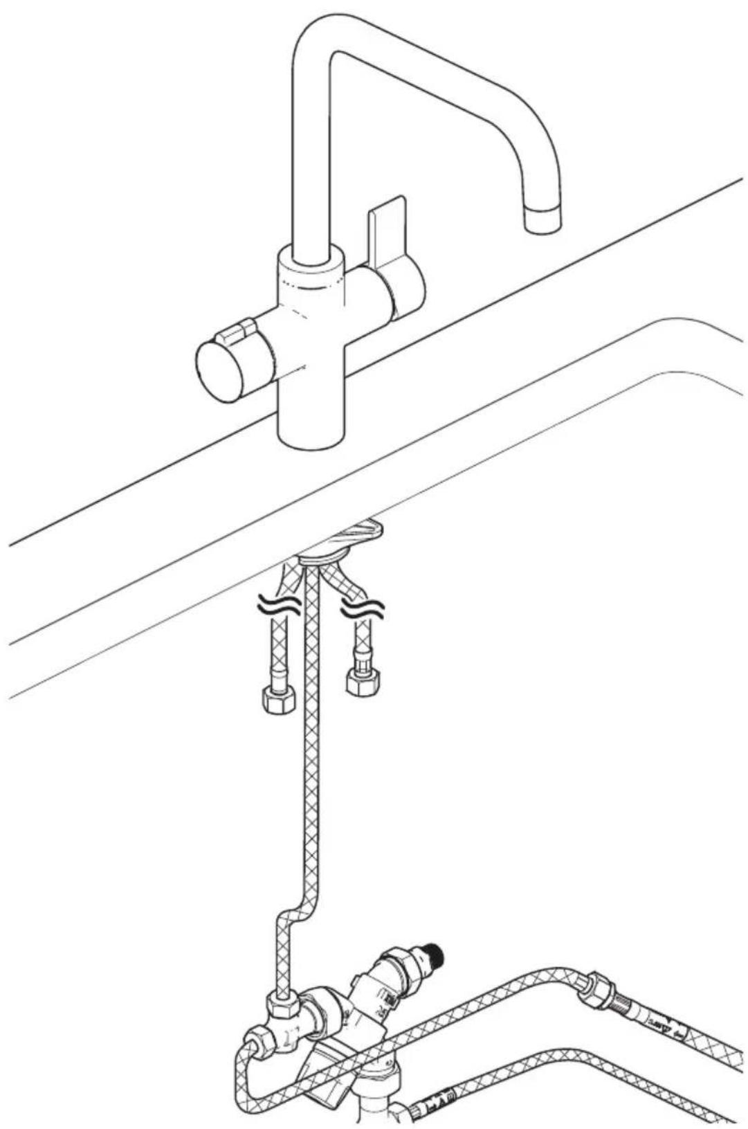 Technical line drawing of a piping system with valves and fittings.