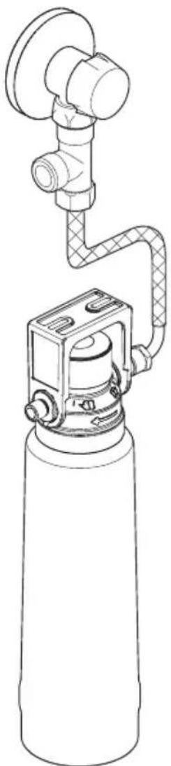 Technical line drawing of a cylindrical mechanical device with attached tubing and fittings (no text or symbols)