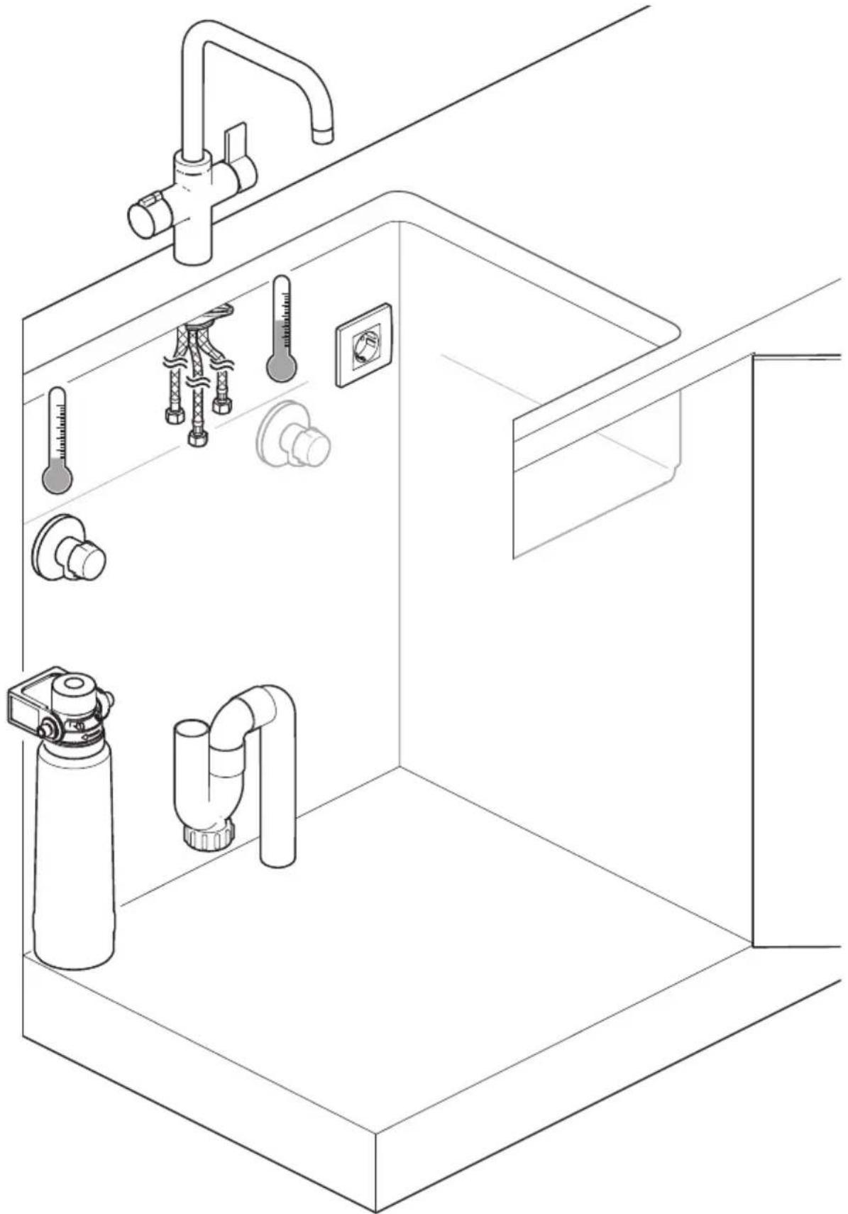 Isometric line drawing of a kitchen sink with plumbing fixtures and a faucet (no text or symbols)